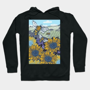 Oxfordshire Sunflowers and Honey Bees Linoprint Hoodie